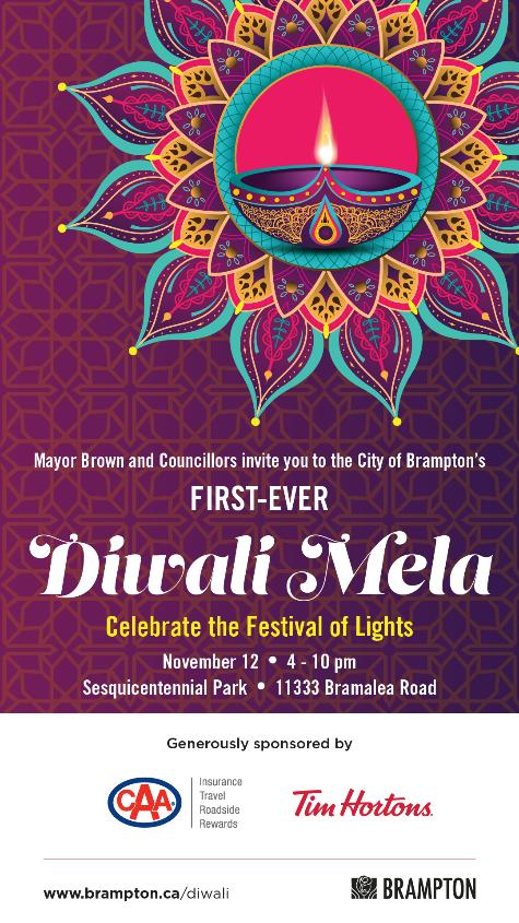 Colorful Diwali Mela poster for Brampton's event on November 12, featuring a decorative diya and festival details.