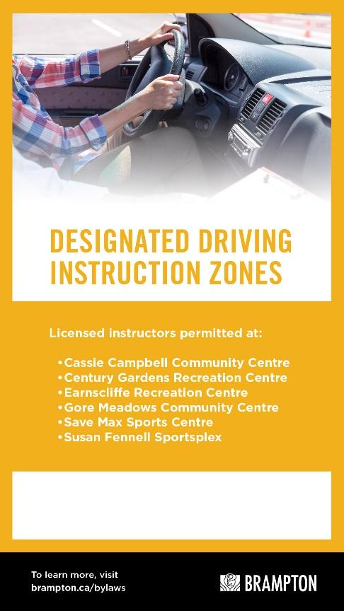 Designated driving instruction zones in Brampton listed for licensed instructors at various community centers.